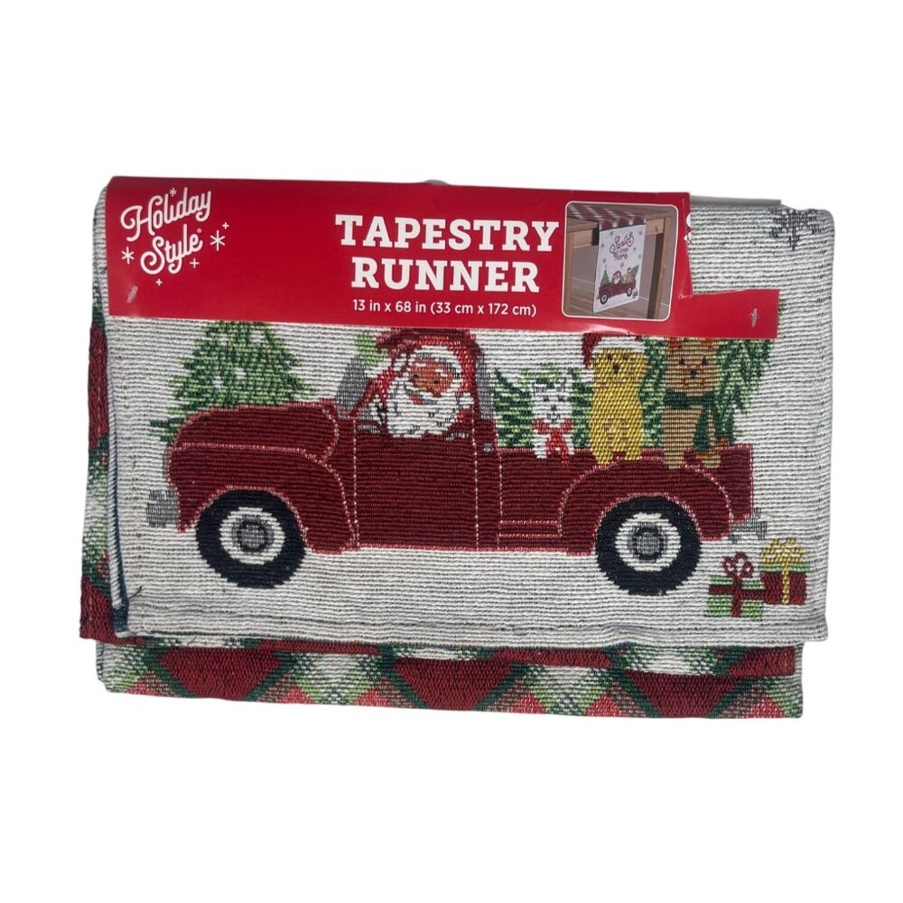 Santa Stop Here Tapestry Table Runner 13" X 68" Holiday Style Festive Christmas